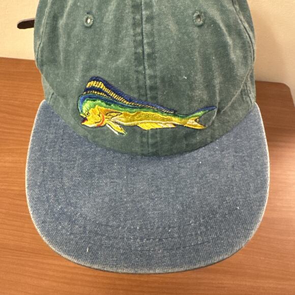 Vintage Dolphin Mahi Mahi Fish Embroidered Strapback Hat  Vintage Dolphin Mahi Mahi Fish Embroidered Strapback Hat Green Blue Denim Bill